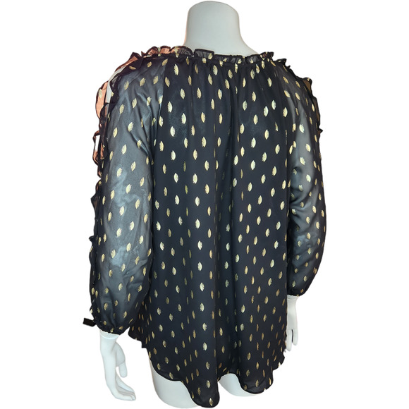 C by 1946 Cato Womens Size Medium Black with Metallic Gold Dots Blouse Ruffle - Picture 6 of 13